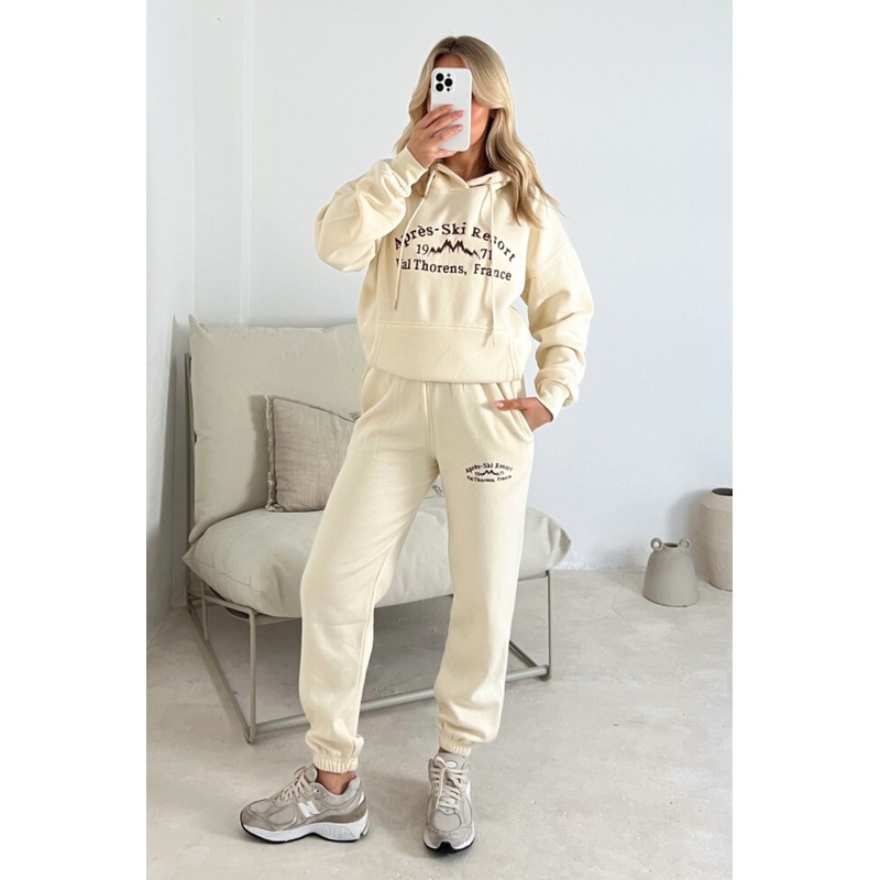 Apres Ski ecru with brown embroidered hoodie joggers loungewear