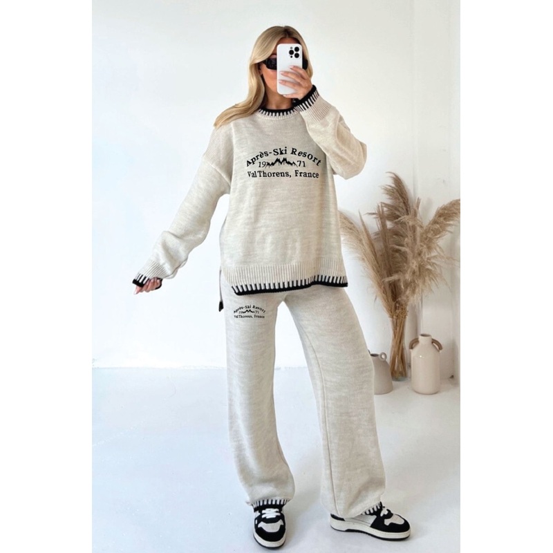 Apres ski cream embroidered knitted jumper and trousers
