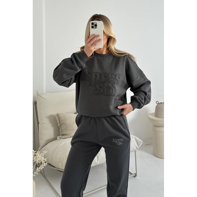 Apres ski steel grey applique embroidered sweater joggers loungewear