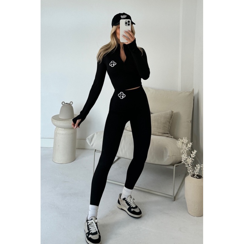 G monogram black zip neck ribbed activewear set