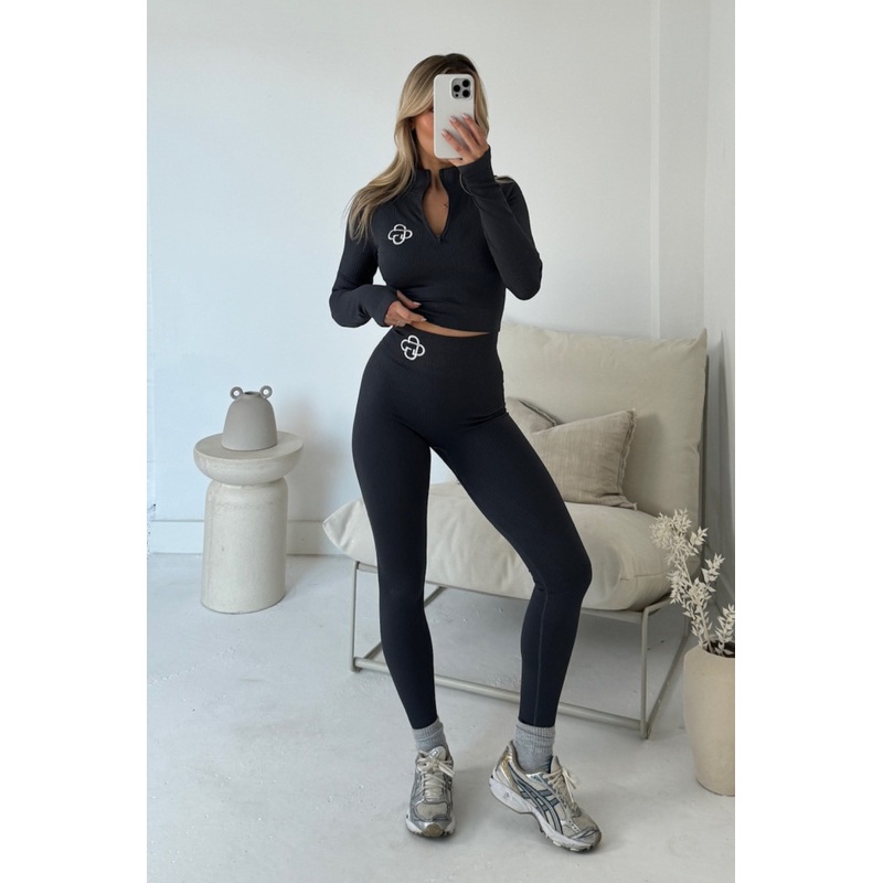G monogram charcoal zip neck ribbed activewear set