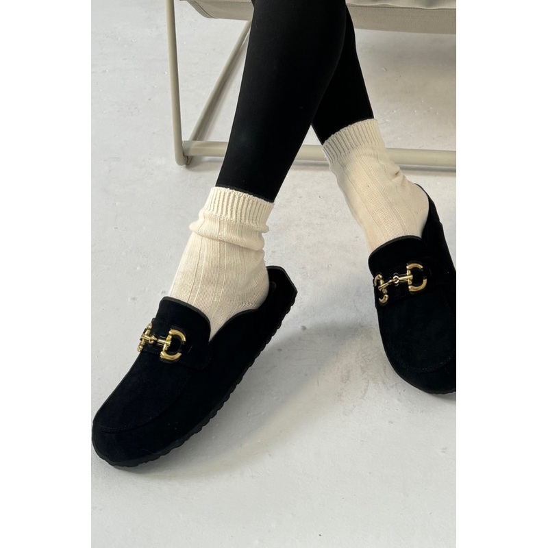 Isabella black faux suede buckle mules