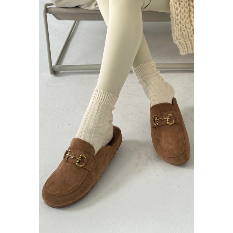 Isabella camel faux suede buckle mules