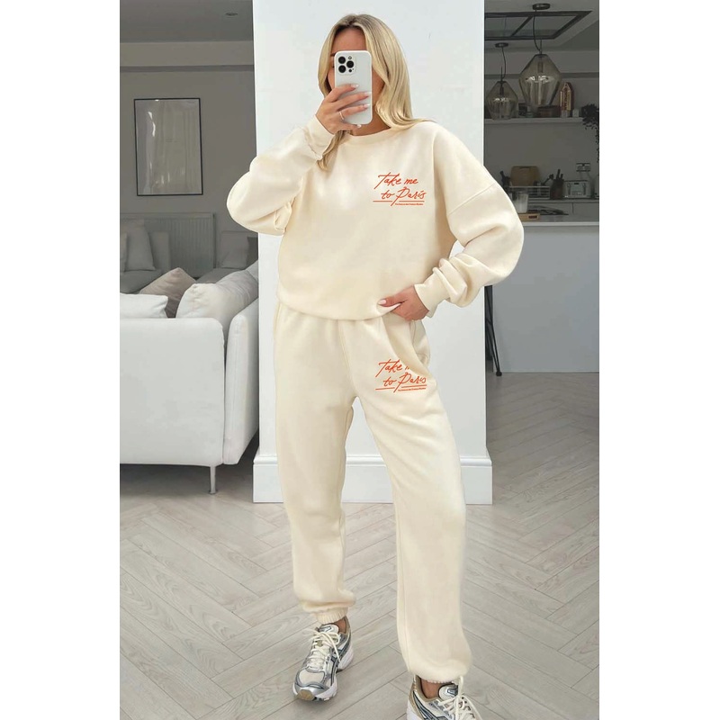Take me to Paris ecru printed sweater joggers loungewear