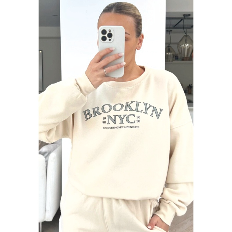 Brooklyn NYC printed ecru sweater