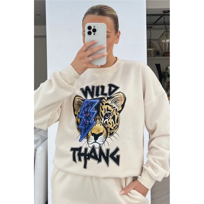 Wild thang blue printed ecru sweater