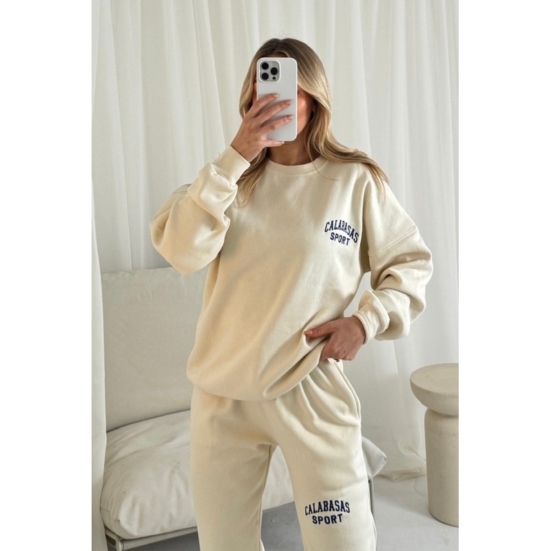 Calabasas navy embroidered ecru sweater joggers loungewear