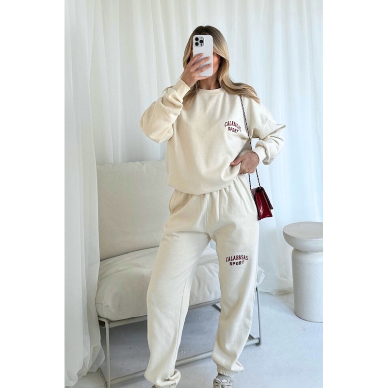 Calabasas red embroidered ecru sweater joggers loungewear