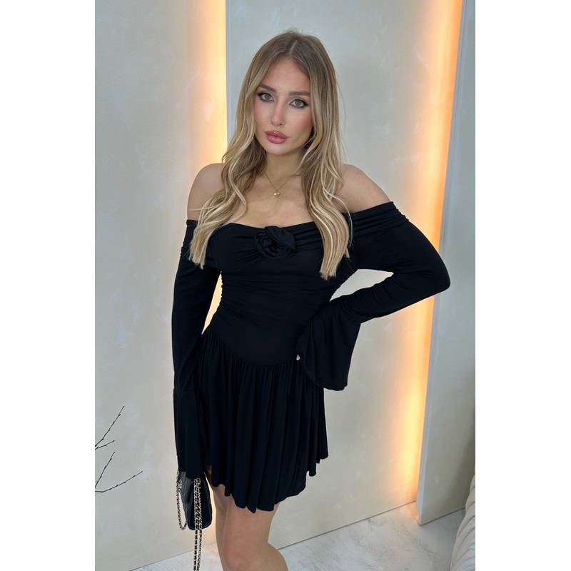 Sienna black bardot rose dress
