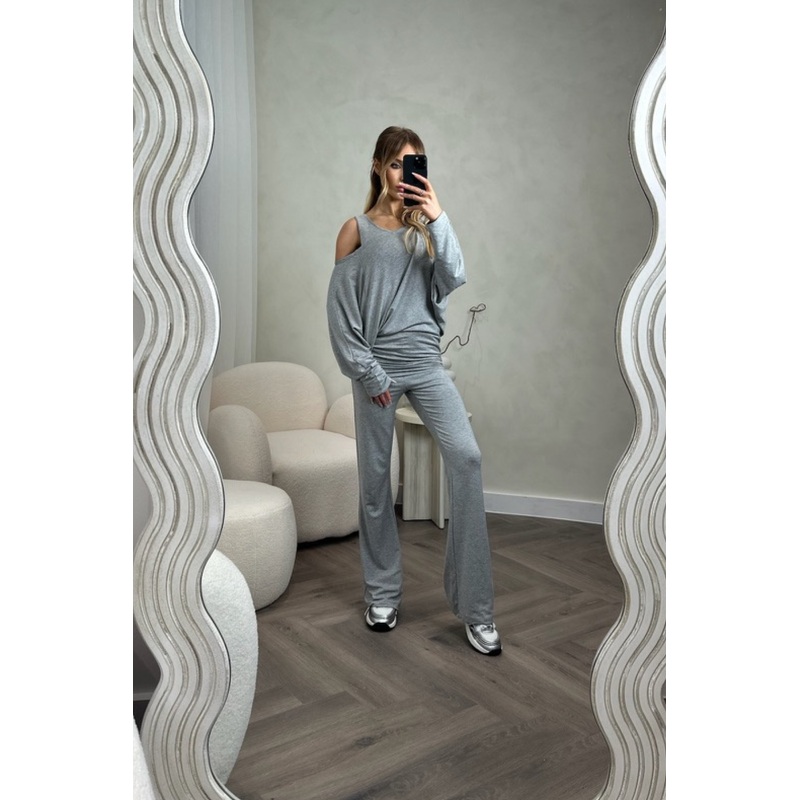 Zoey grey bat sleeve vest three piece loungewear set