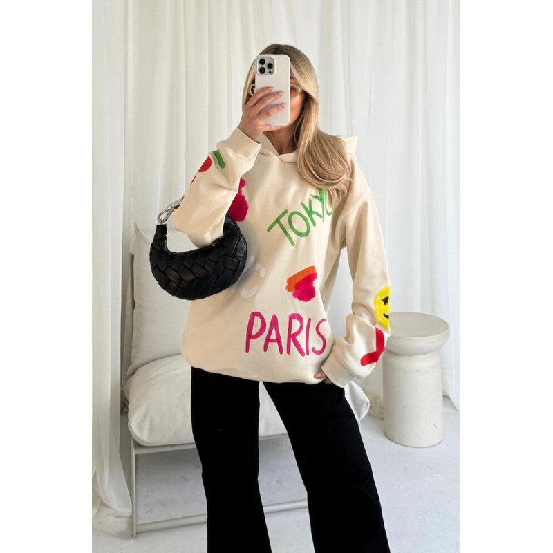 Tokyo ecru printed premium relaxed hoodie