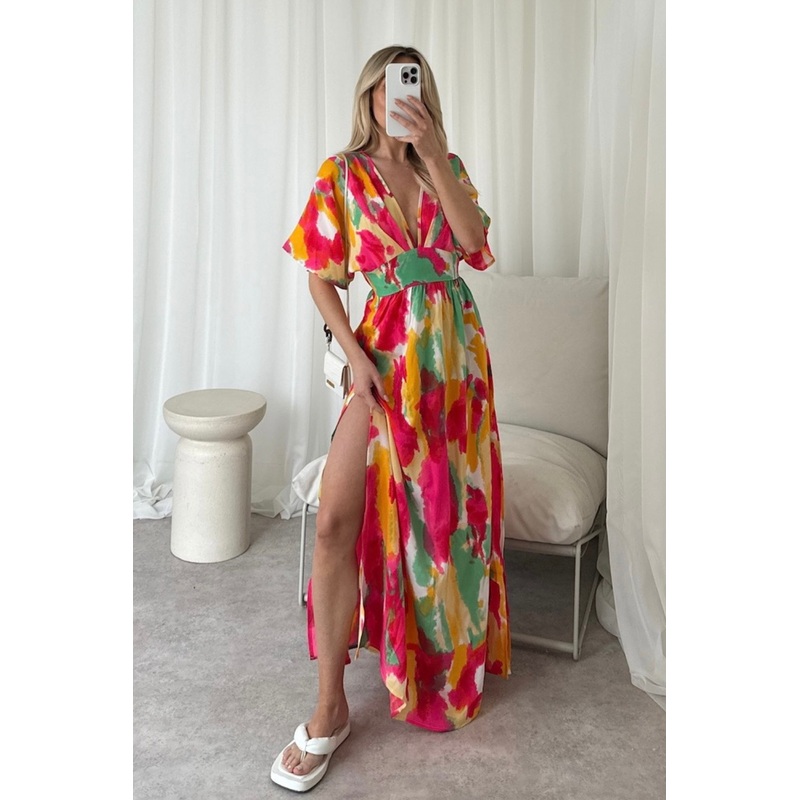 Fearne pink bat sleeve patterned maxi dress