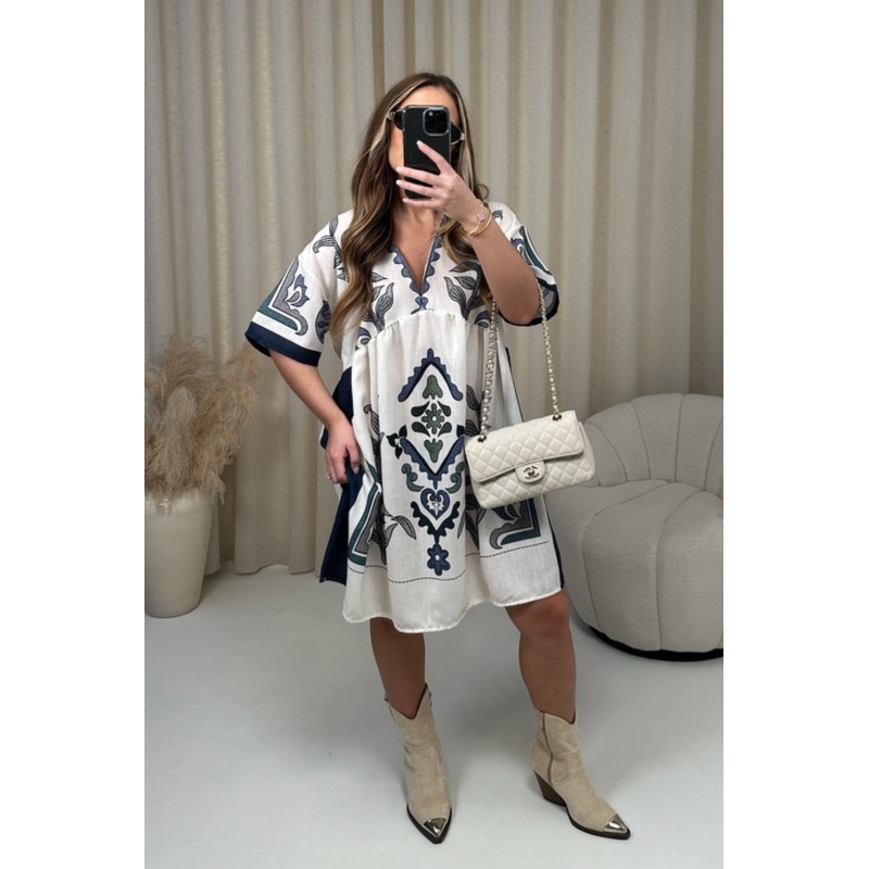 Sophia blue patterned linen shift dress