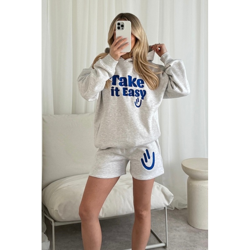 Take it easy marl grey embroidered hoodie shorts loungewear