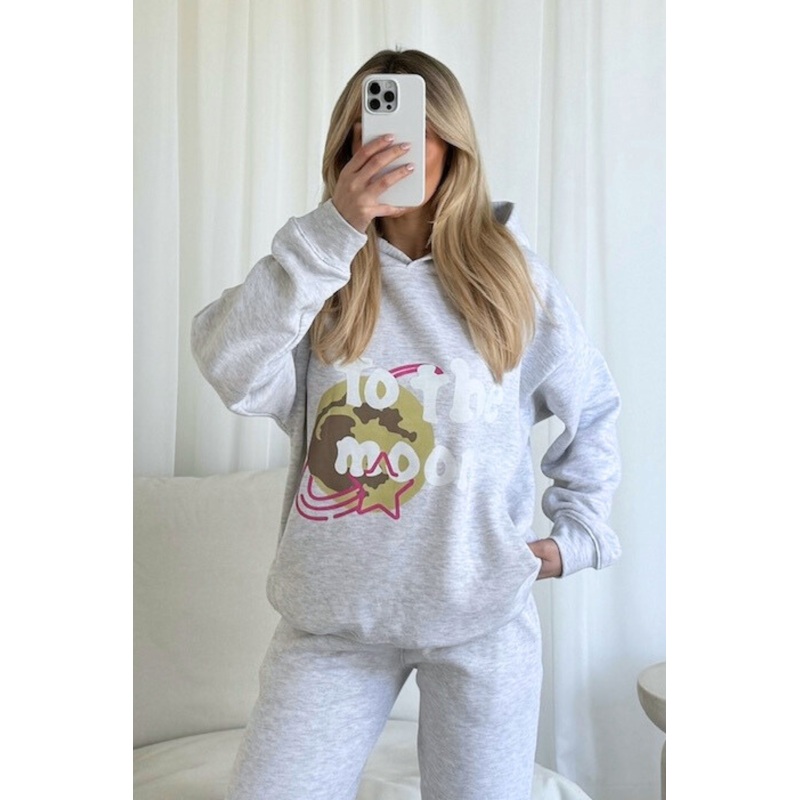 To the moon marl grey printed premium relaxed hoodie