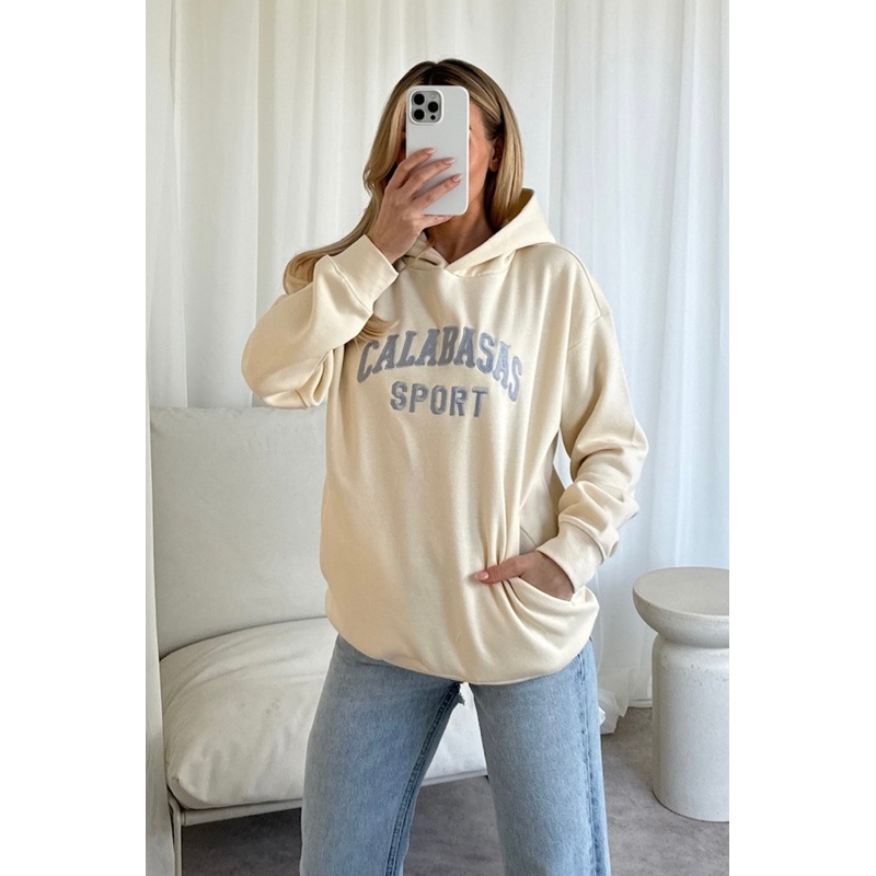 Calabasas ecru embroidered premium relaxed hoodie