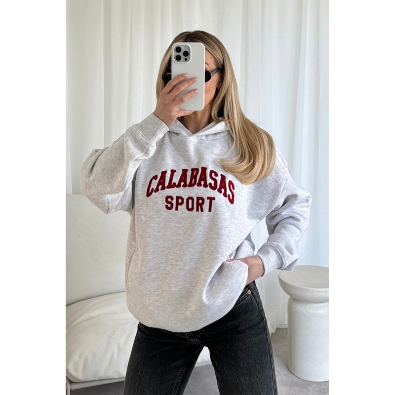 Calabasas marl grey embroidered premium relaxed hoodie
