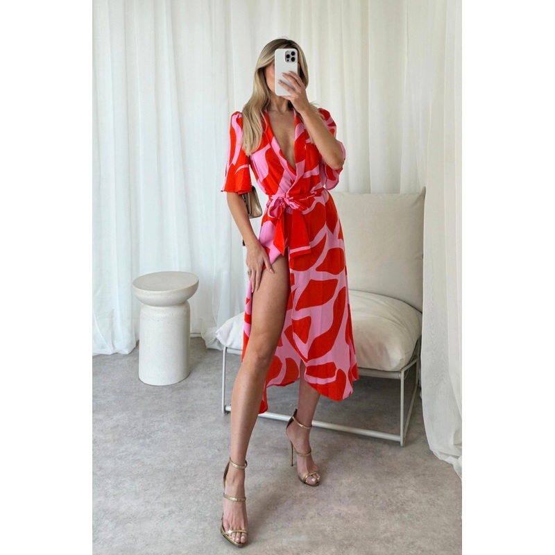 Faye pink abstract pattern wrap dress