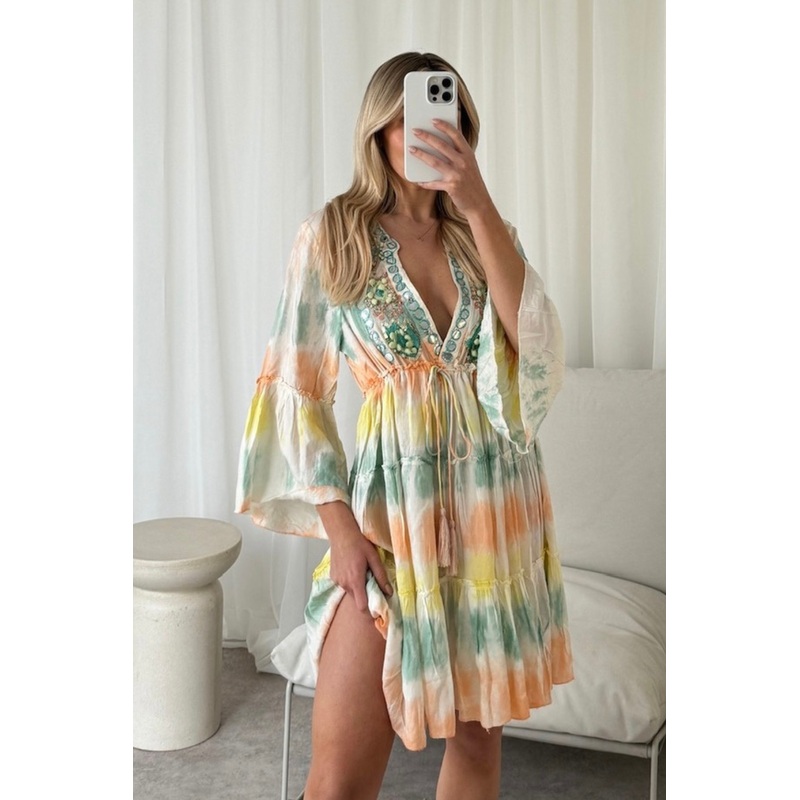 Violet green tie dye embellished tunic dress