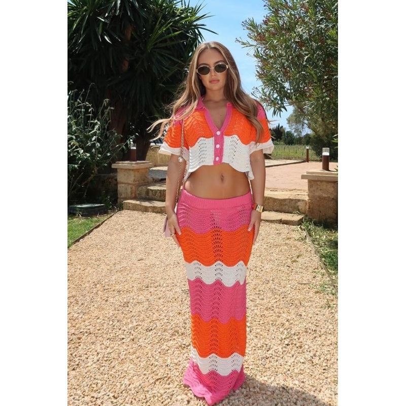 Cassie pink and orange crochet cardigan skirt co-ord