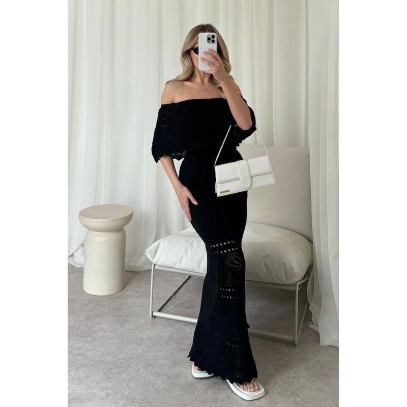 Amie black crochet off shoulder maxi dress