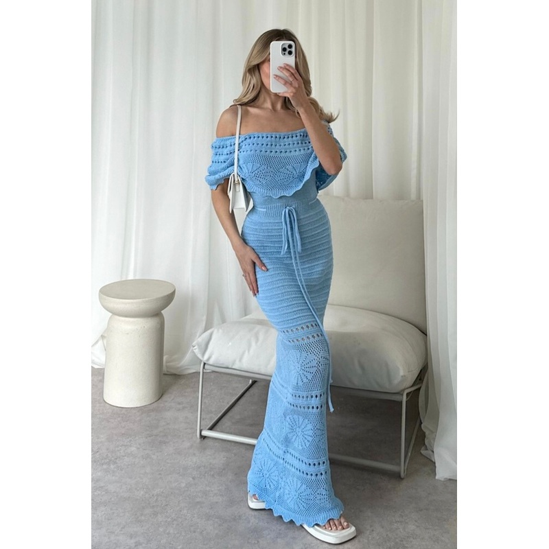Amie blue crochet off shoulder maxi dress