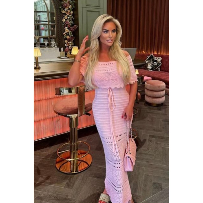 Amie pink crochet off shoulder maxi dress