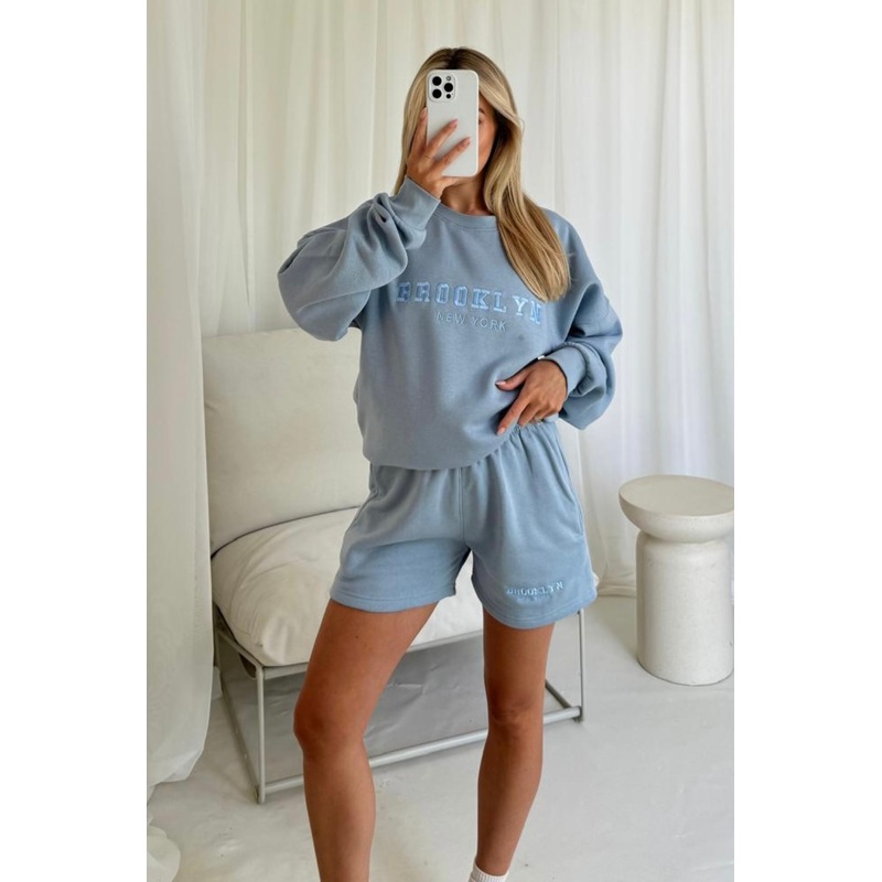 Brooklyn baby blue embroidered sweater shorts loungewear