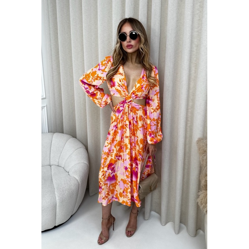 Miley orange and pink floral cut out midi dress