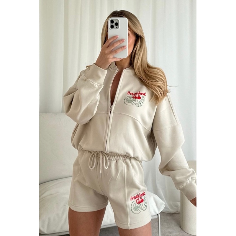 Breakfast club stone printed bomber jacket shorts