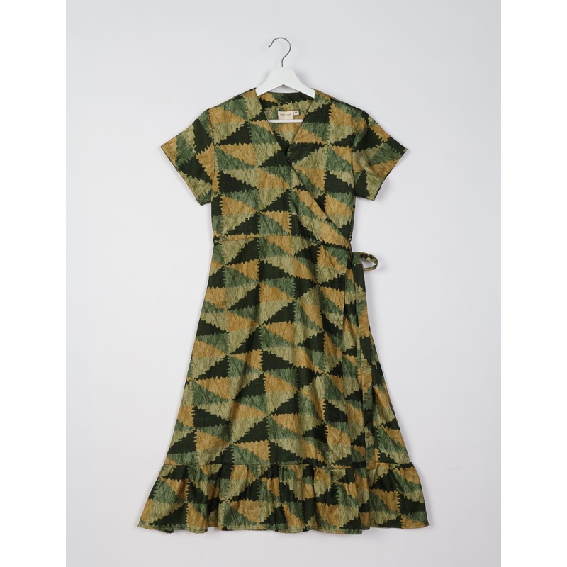 Midi Wrap Dress - Green Geometric