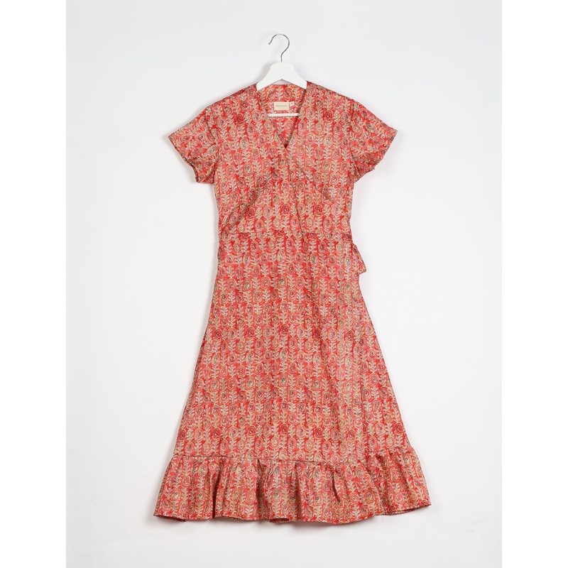 Midi Wrap Dress - Orange Leaves