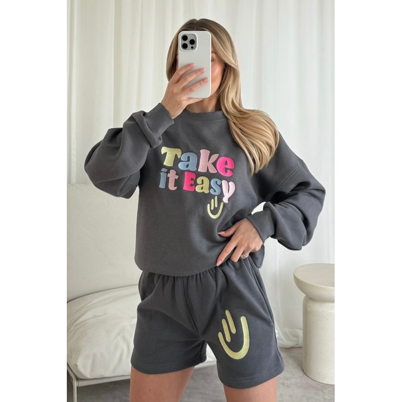 Take it easy steel grey embroidered sweater short loungewear set