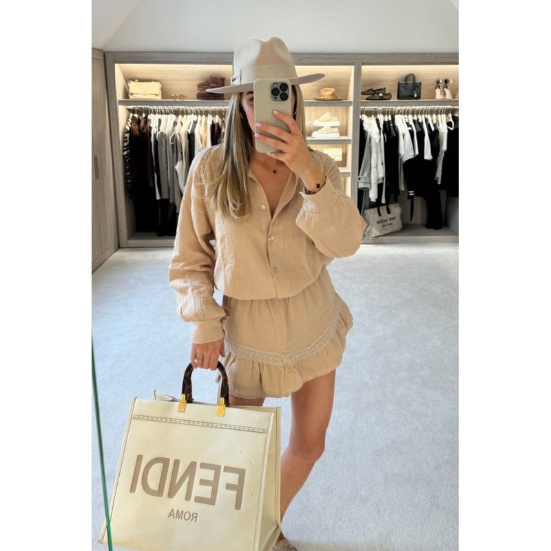 Amanda beige Cheesecloth Linen Shirt And Skort Co-ord