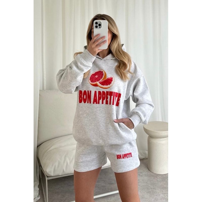 Bon appetite marl grey printed hoodie shorts loungewear