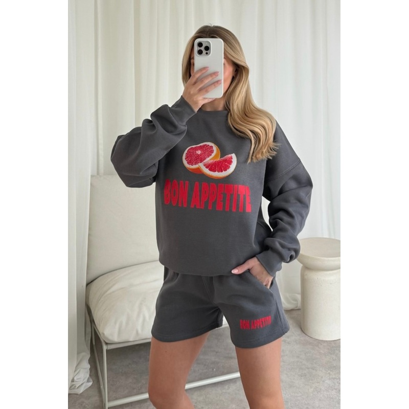 Bon appetite steel grey printed sweater shorts loungewear