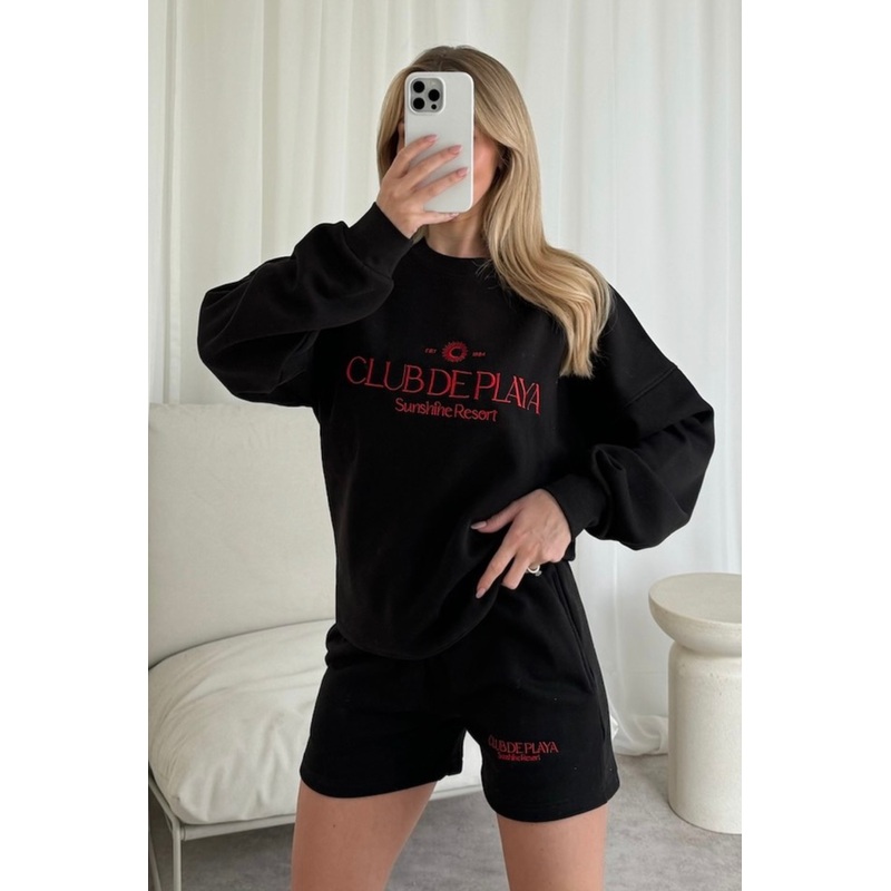 Club de playa black embroidered sweater shorts loungewear