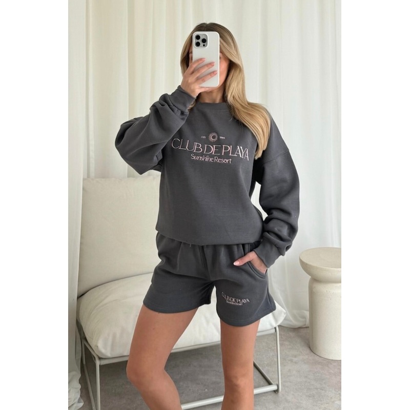 Club de playa steel grey embroidered sweater shorts loungewear