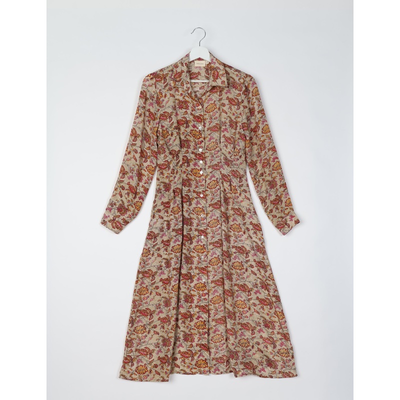 Midi Shirt Dress - Beige Floral