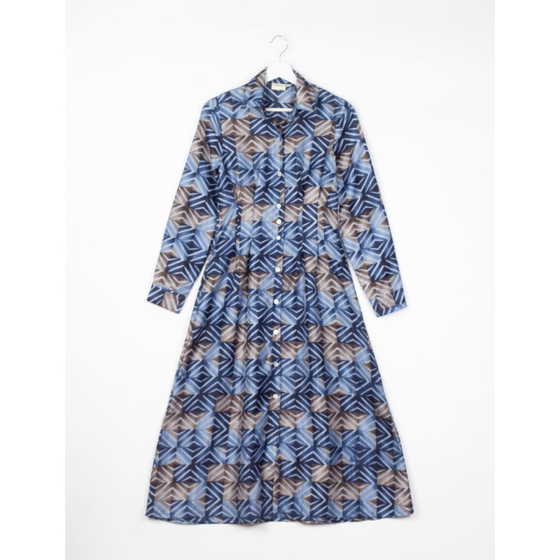 Midi Shirt Dress - Blue Ethnic