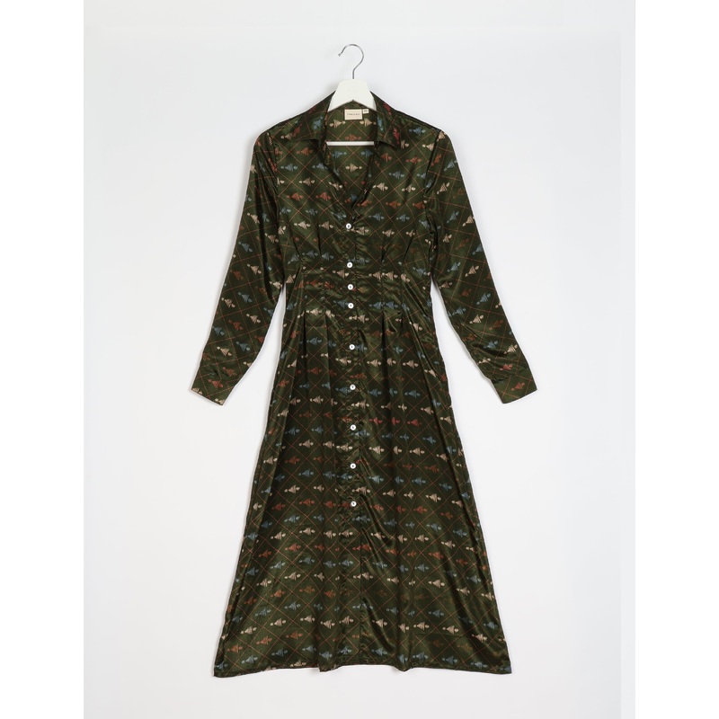 Midi Shirt Dress - Green Geometric