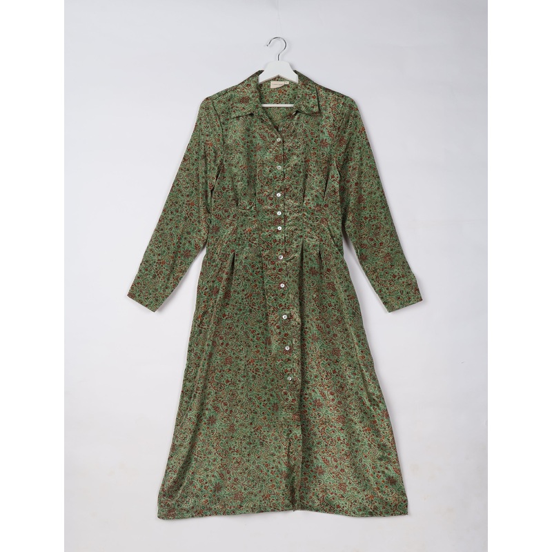 Midi Shirt Dress - Green Tropical