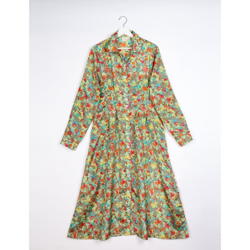 Midi Shirt Dress - Grey Leaves