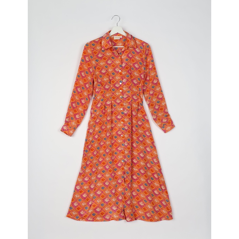 Midi Shirt Dress - Orange Geometric