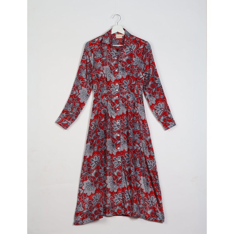 Midi Shirt Dress - Red Floral