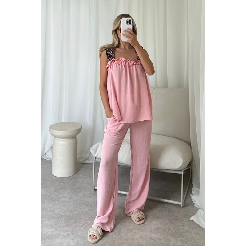 Savannah pink leopard ruffle shoulder vest trouser co ord