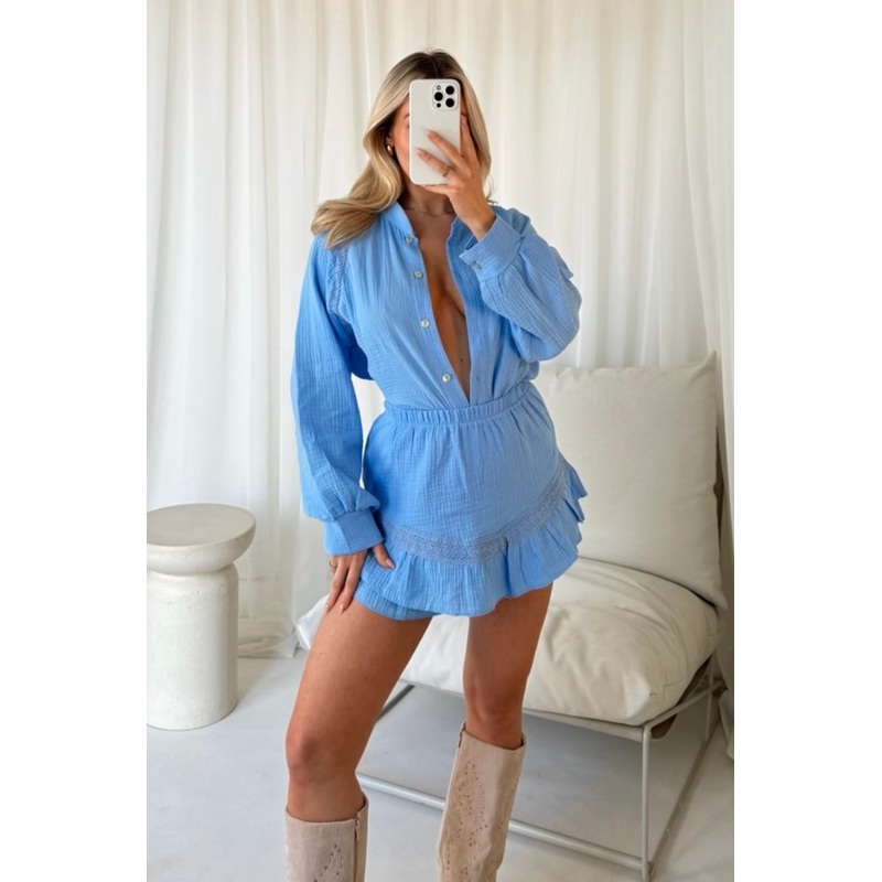 Amanda baby blue Cheesecloth Linen Shirt And Skort Co-ord