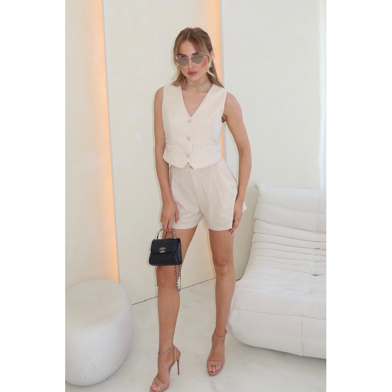 Candice beige cotton waistcoat shorts co-ord