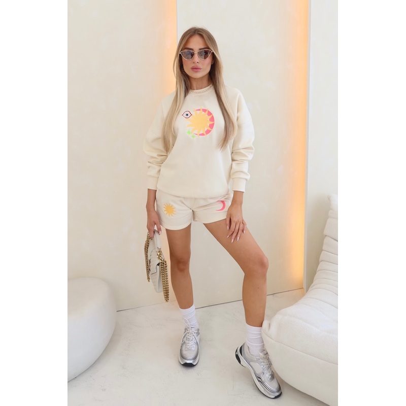 Cresent sun ecru embroidered sweater shorts loungewear