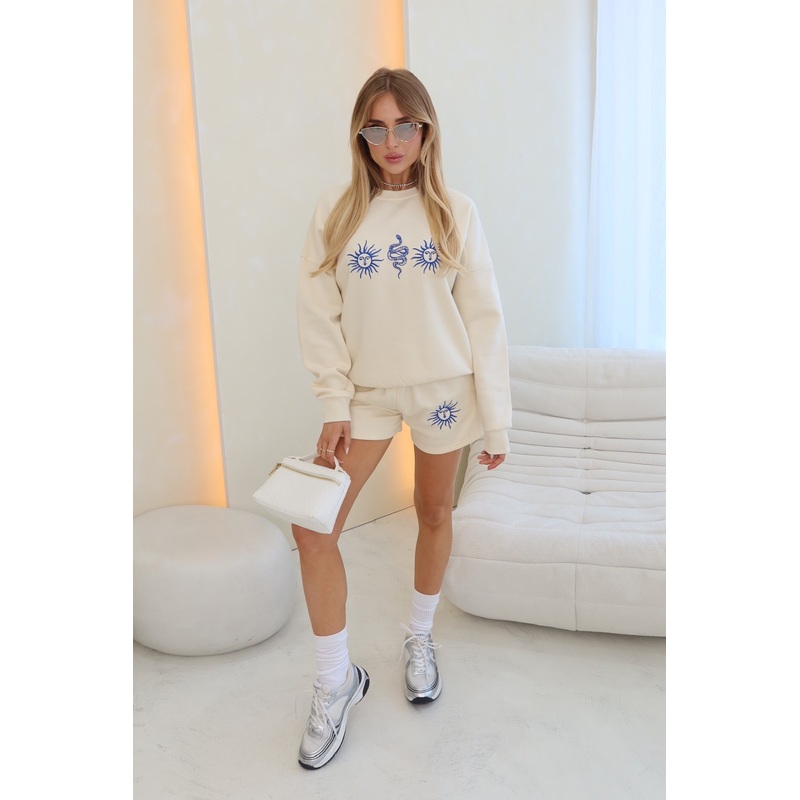 Sun snakes ecru embroidered sweater shorts loungewear